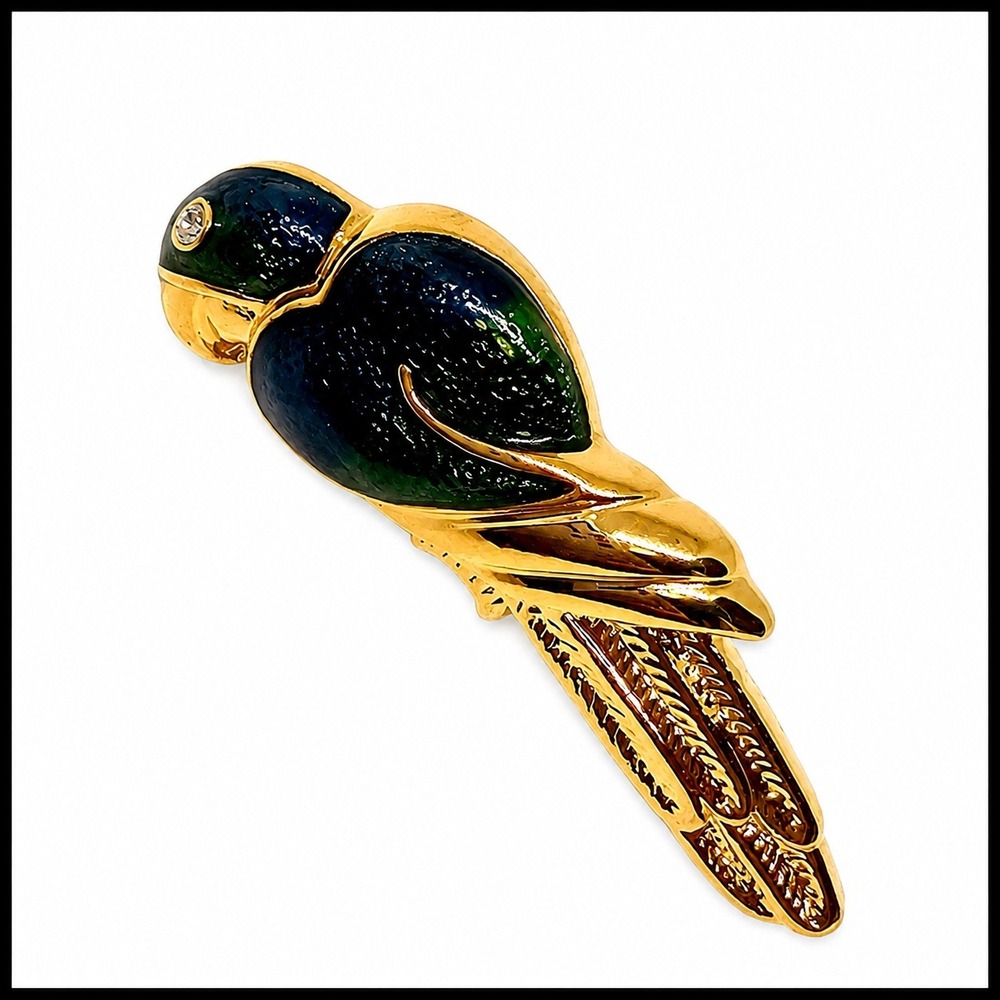 Vintage Enamel Blue & Green Bird Parrot Brooch Rhinestone Eye